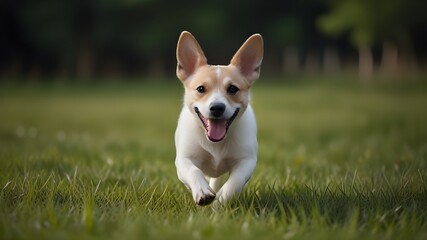 Naklejka na ściany i meble Spring, summer concept, playful happy pet dog puppy running in the grass and listening with funny ears Generative Ai 
