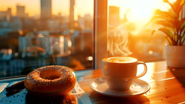 Caffeine Fix: Hot Coffee and Bagel Breakfast