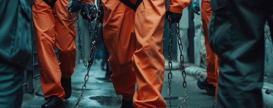 Mans in orange jumpsuits with handcuffs and shackles,