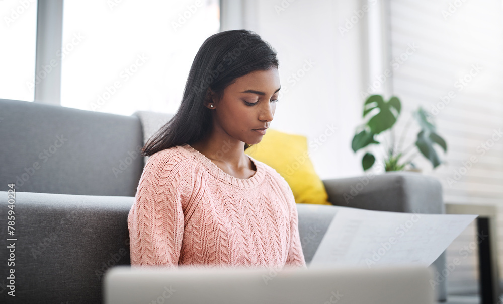 Poster home, student and girl with laptop, document and study for exam and assignment with deadline. person