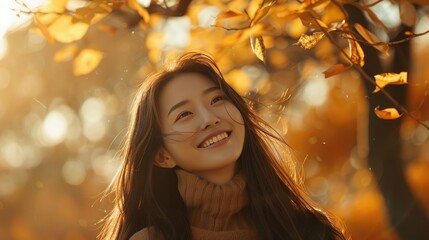 Happy Woman Enjoying Autumn Day Amongst Golden Foliage