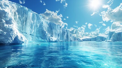 A melting glacier calving into a vibrant blue ocean, highlighting the rising sea levels caused by global warming.3D rendering