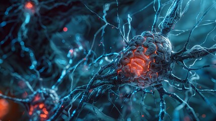 A microscopic view of a brain cell with nanobots repairing damaged neural connections. Highlight the potential of nanotechnology in brain repair.