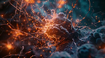A microscopic view of a brain cell with nanobots repairing damaged neural connections. Highlight the potential of nanotechnology in brain repair. - obrazy, fototapety, plakaty