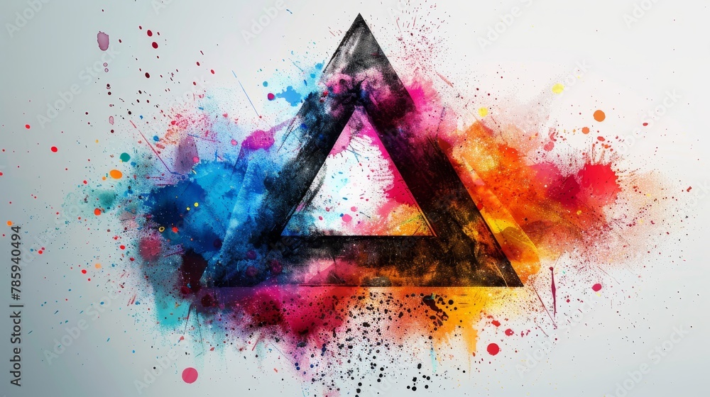 Poster a triangle shape filled with dynamic and colorful paint splashes