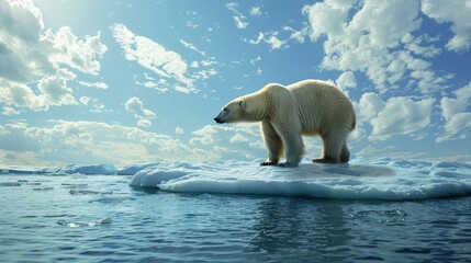 A lone polar bear standing on a melting ice floe. Capture the effects of climate change on wildlife habitats.