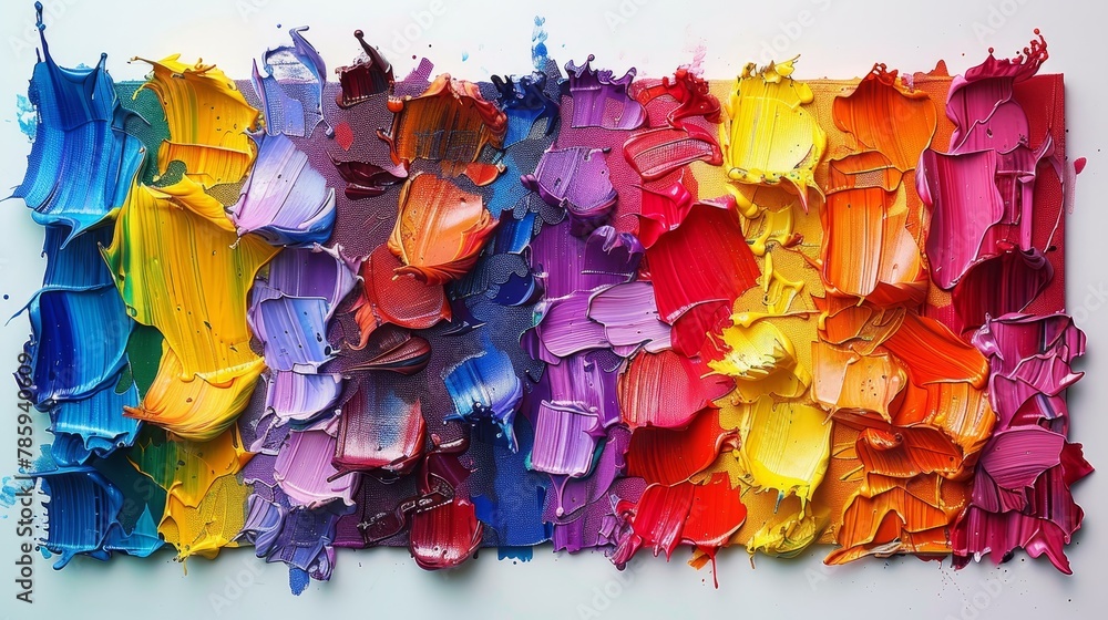 Poster a vibrant array of paint splashes arranged in a stylish square form, imitation