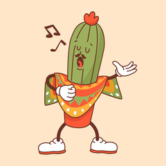 A character in the groove style in the form of a singing cactus in a poncho. Traditional symbol of Mexico. Celebrating Cinco de Mayo. Vector illustration isolated on a color background.