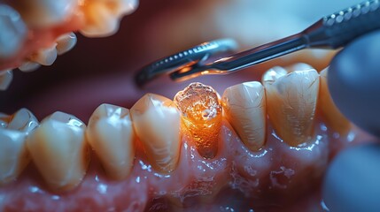 Digital art of a dentist replacing old dental fillings, closeup on the removal and replacement process - obrazy, fototapety, plakaty