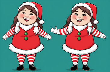 Two cute funny girls in Santa outfit, illustration on a green background