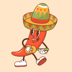 A chili pepper groove character in a sombrero playing the guitar. Traditional symbol of Mexico. Celebrating Cinco de Mayo. Vector illustration isolated on a color background.