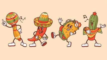Set of characters in groove style. Traditional symbols of Mexico in the form of singing and dancing characters. Celebrating Cinco de Mayo. Vector illustration isolated on a color background.