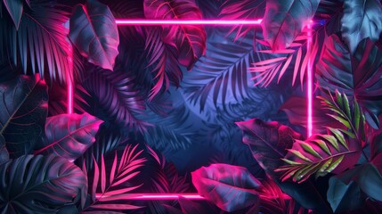 Fototapeta na wymiar tropical leaves, featuring a dynamic color duo of neon green and pink, set within a rectangular frame