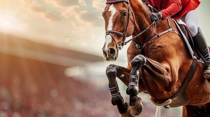 Equestrian rider displays precision and athleticism in a close up jump at a thrilling competition. - Powered by Adobe
