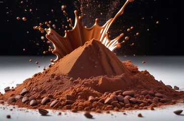 Explosion and splashes of cocoa powder and drink, isolated, promotional photo