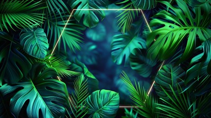 Fototapeta premium An abstract neon background featuring tropical leaves