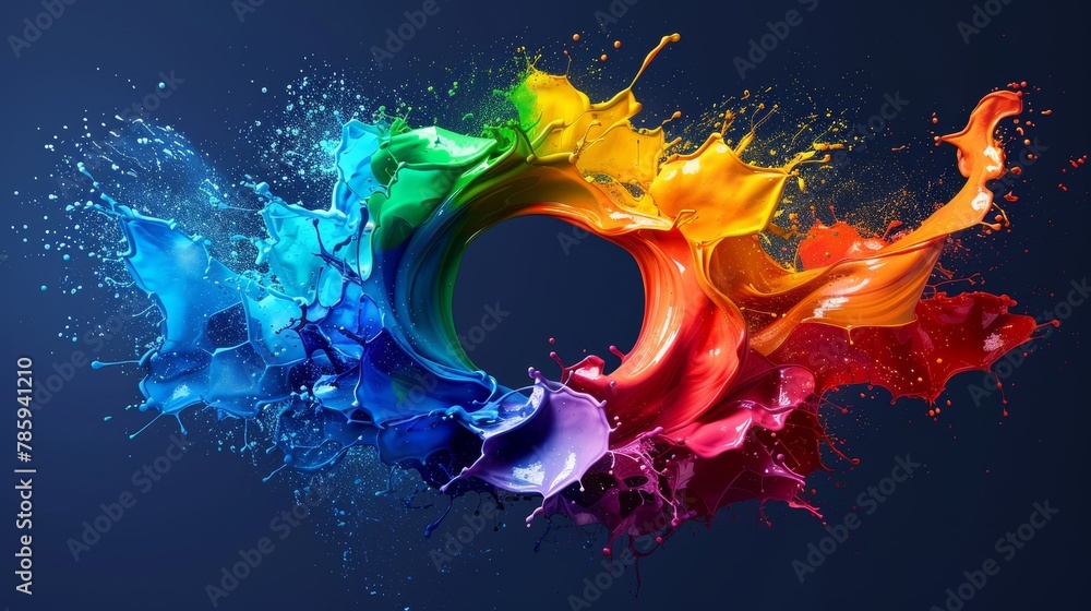 Poster an array of vivid paint splashes arranged in a circular fashion