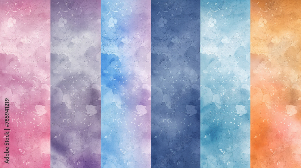 Poster a set of watercolor textures with soft pastel colors, arranged in vertical rows for seamless backgro