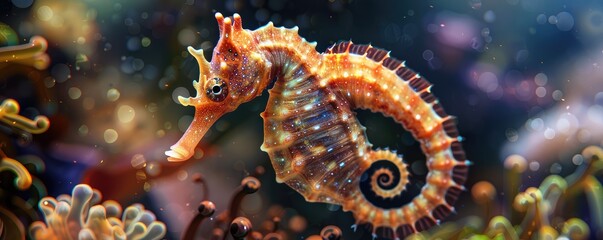 detailed brown seahorse against a blurred aquatic backdrop, highlighting marine life. - obrazy, fototapety, plakaty