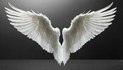 Large, angelic wings spread wide on a simple gray background