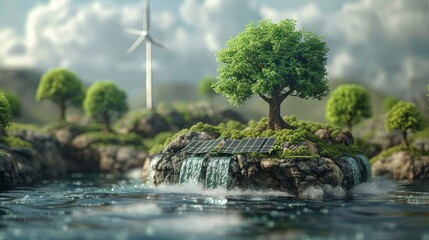 An Earth depiction in 3D, featuring solar panels, wind turbines, and thriving trees