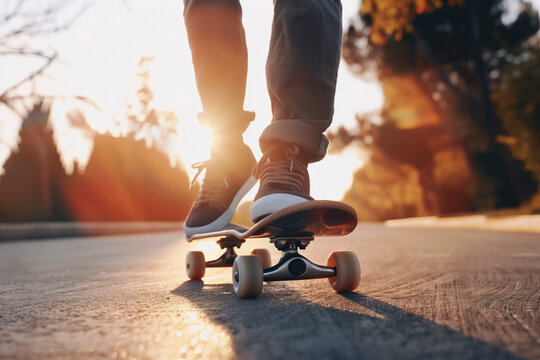 Guy skateboarding in the city at sunset