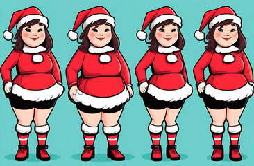 A set of four cute funny girls in short thigh-high socks and a Santa hat, illustration on a green background