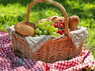Schilderijen op glas Picnic basket with bread, grapes and other food on red and white checkered cloth in nature setting © SHOTPRIME STUDIO