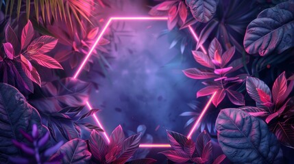 neon background and tropical leaves, showcasing a color combination of purple and pink