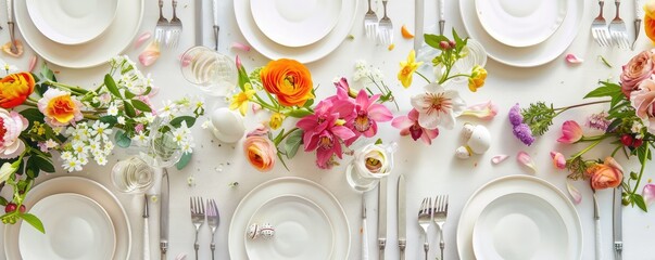 A bright and colorful Easter table setting with a variety of flowers and Easter eggs, showcasing...