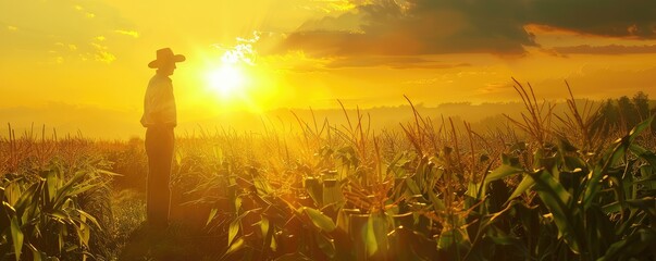 Warm golden hour image of a farmer reading a paper in a cornfield, conveying rural life and agriculture.