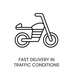 Motorcycle fast delivery in traffic, vector line icon with editable stroke