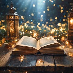 book with candle,an ancient book shimmering magical lights on a worn vintage table, transporting...