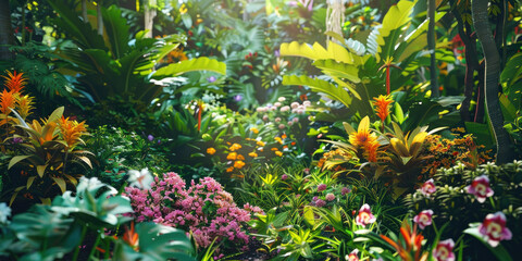 Fototapeta na wymiar Tropical garden paradise with colorful flowers and lush greenery under the radiant sun rays