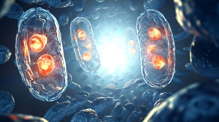 Cellular wonder mitochondria dynamic organelles biology and science on a blue background - obrazy, fototapety, plakaty