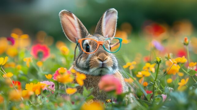 An ultra-realistic photograph showcasing a whimsical rabbit wearing colorful glasses
