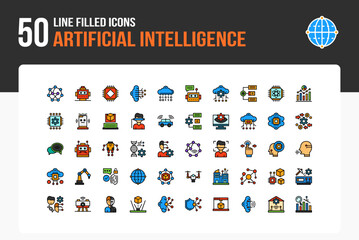 Set of 50 Artificial Intelligence icons related to Neural Network, Robot Head, AI Chip, Brain Circuit Line Filled Icon collection