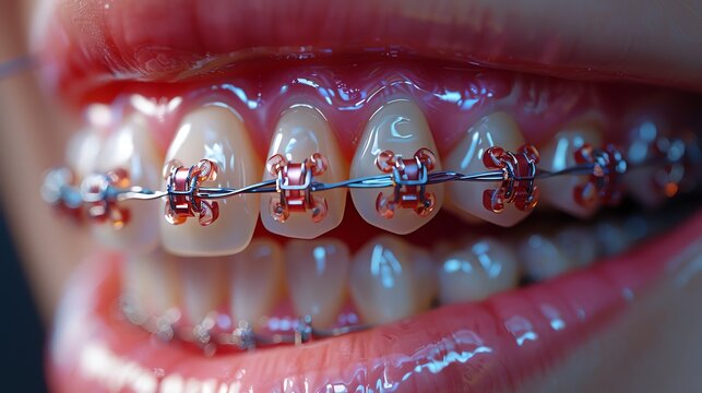 Rendered scene of a dentist adjusting braces, detailed closeup on the brackets and wires