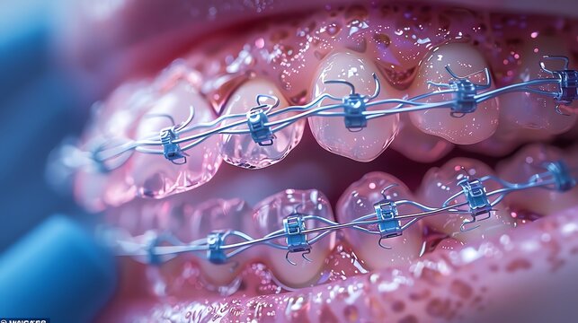 Rendered scene of a dentist adjusting braces, detailed closeup on the brackets and wires