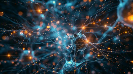 A network of glowing neurons firing in a brain, symbolizing the interconnectedness of the human mind. - obrazy, fototapety, plakaty