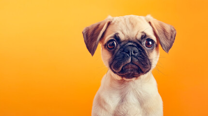 Pug dog looking at the camera on orange background.