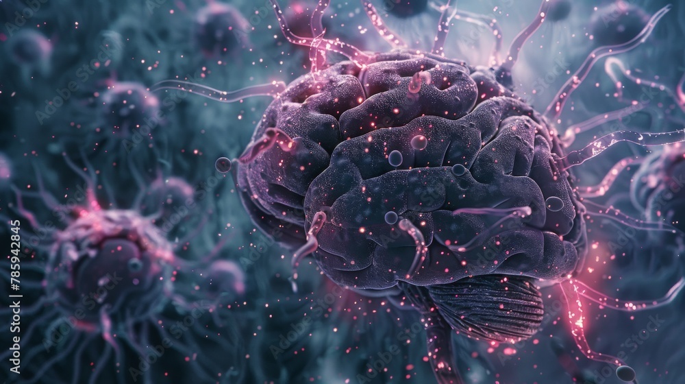 Poster a microscopic view of a virus infecting a digital brain, representing the threats of cyber security 