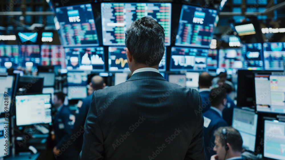 Poster a filled with screens displaying real-time financial data and charts. In the center of the frame, a focused trader in a sharp suit stands in front of multiple monitors
