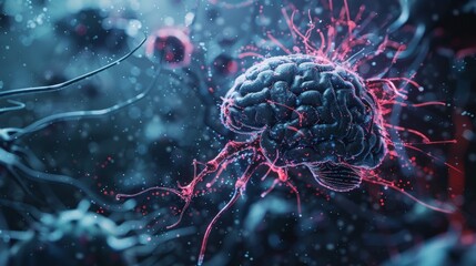 A microscopic view of a virus infecting a digital brain, representing the threats of cyber security in the digital age. - obrazy, fototapety, plakaty