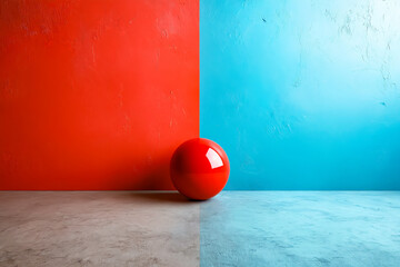 Red ball in front of blue and red wall.