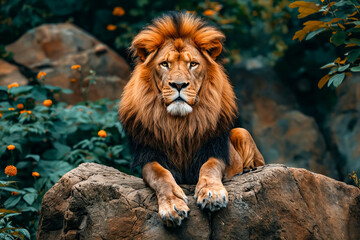 Lion sitting on top of rock.