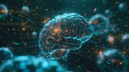 A microscopic view of a virus infecting a digital brain, representing the threats of cyber security in the digital age.
