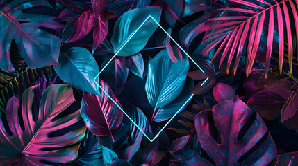 Creative fluorescent color layout made of tropical leaves. Flat lay neon colors. Nature concept. - obrazy, fototapety, plakaty