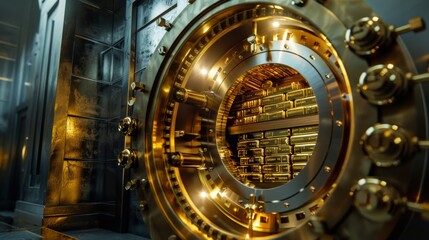 Fototapeta premium A modern bank vault door with gold bars stacked neatly inside, emphasizing security and the value of gold.