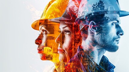 multiple exposure image diverse workers portraits, on a white background, poster for Labor Day - obrazy, fototapety, plakaty